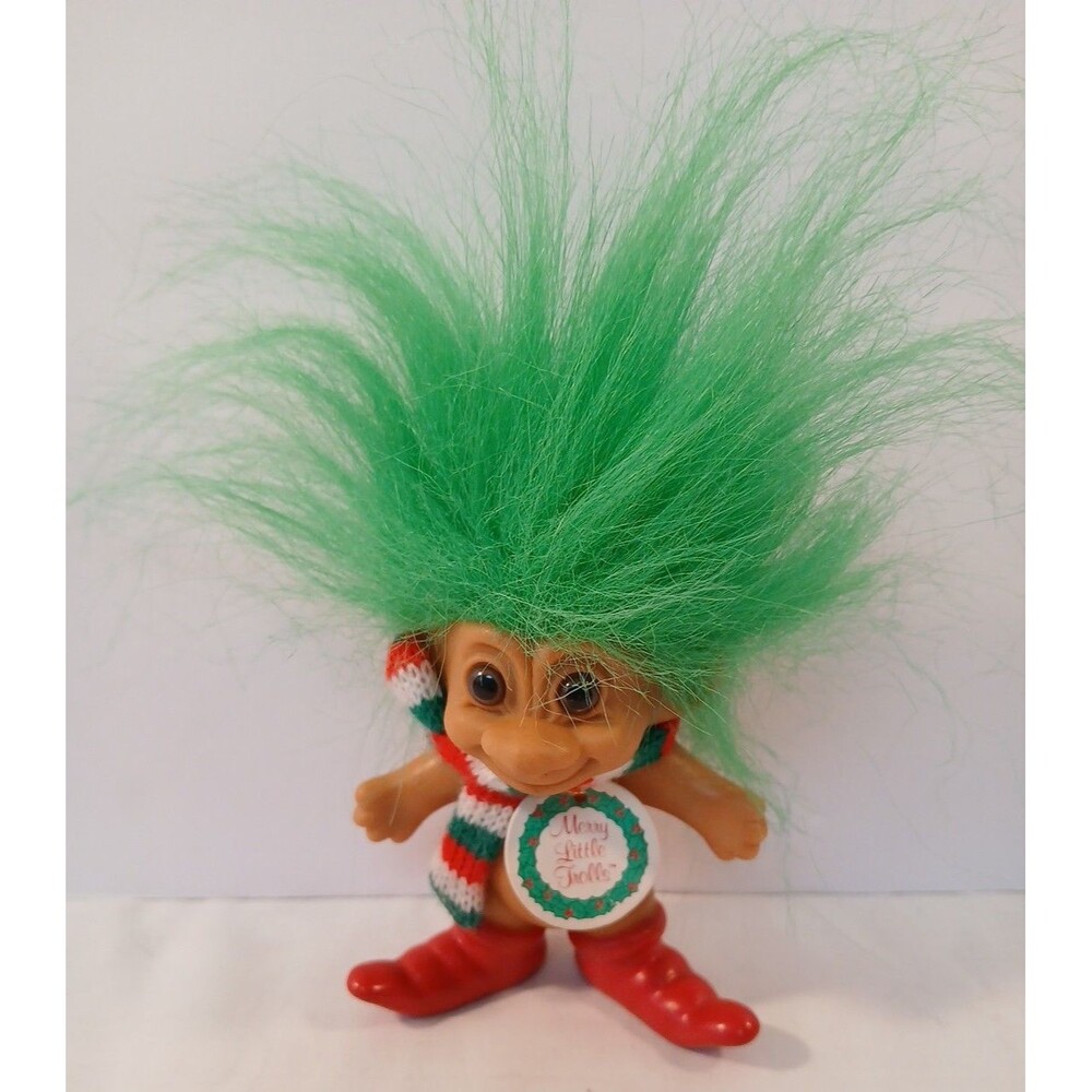 Troll Doll Russ Berrie Green Hair Neck scarf Christmas Has Tag